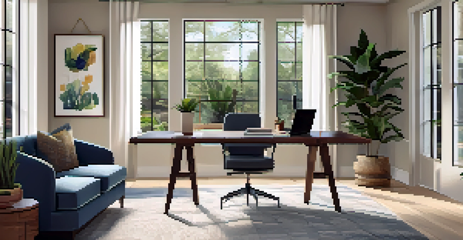 Cozy home office setup in an Orlando living room with large windows, plants, and modern furniture.