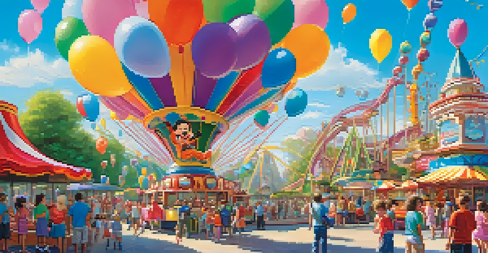 A family having fun at a theme park, with rides and a character mascot in a colorful setting.
