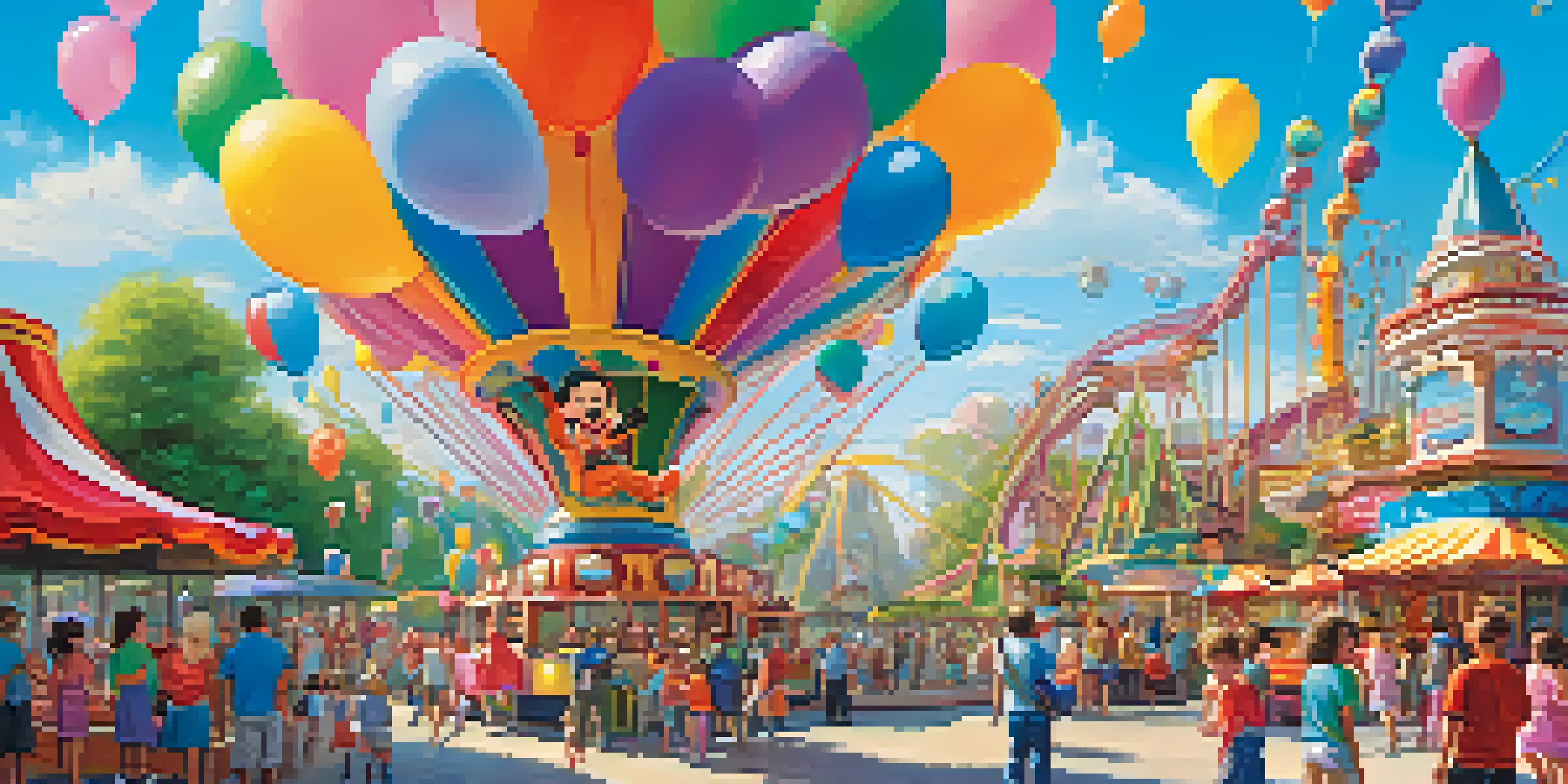 A family having fun at a theme park, with rides and a character mascot in a colorful setting.