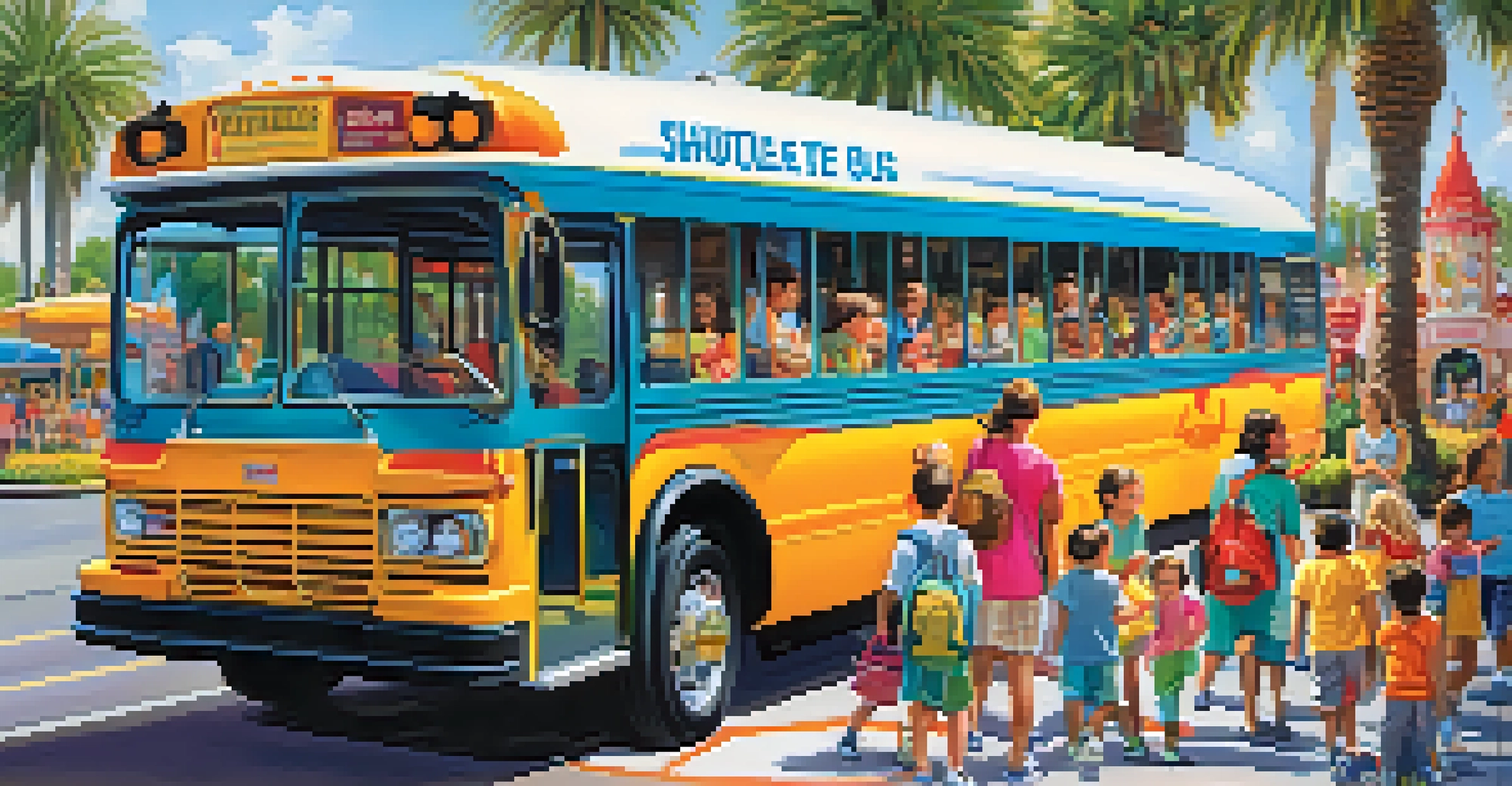 A shuttle bus at a theme park entrance in Orlando with families boarding and children excitedly waiting.