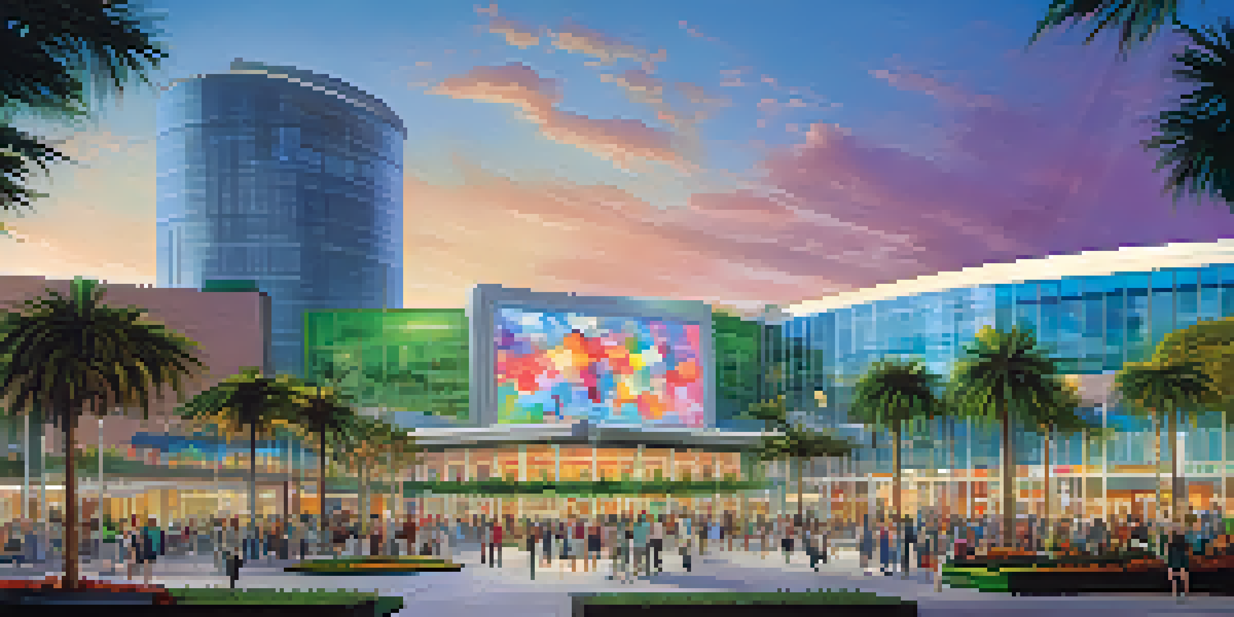 A busy Orlando Convention Center with modern architecture, colorful banners, and people attending a convention, along with outdoor gardens.