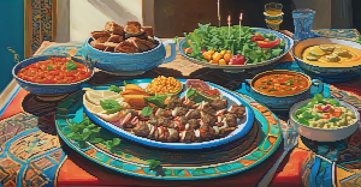 A beautifully set dining table featuring Mediterranean dishes with warm lighting and intricate decor.