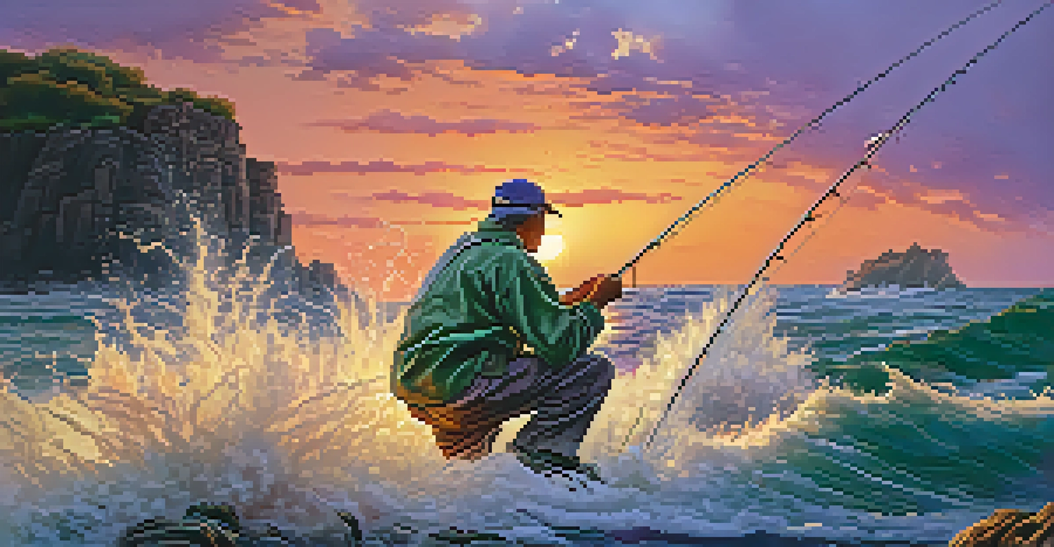 A fisherman on a rocky shore reeling in a large fish, with splashes of water and a vibrant sunset in the background.