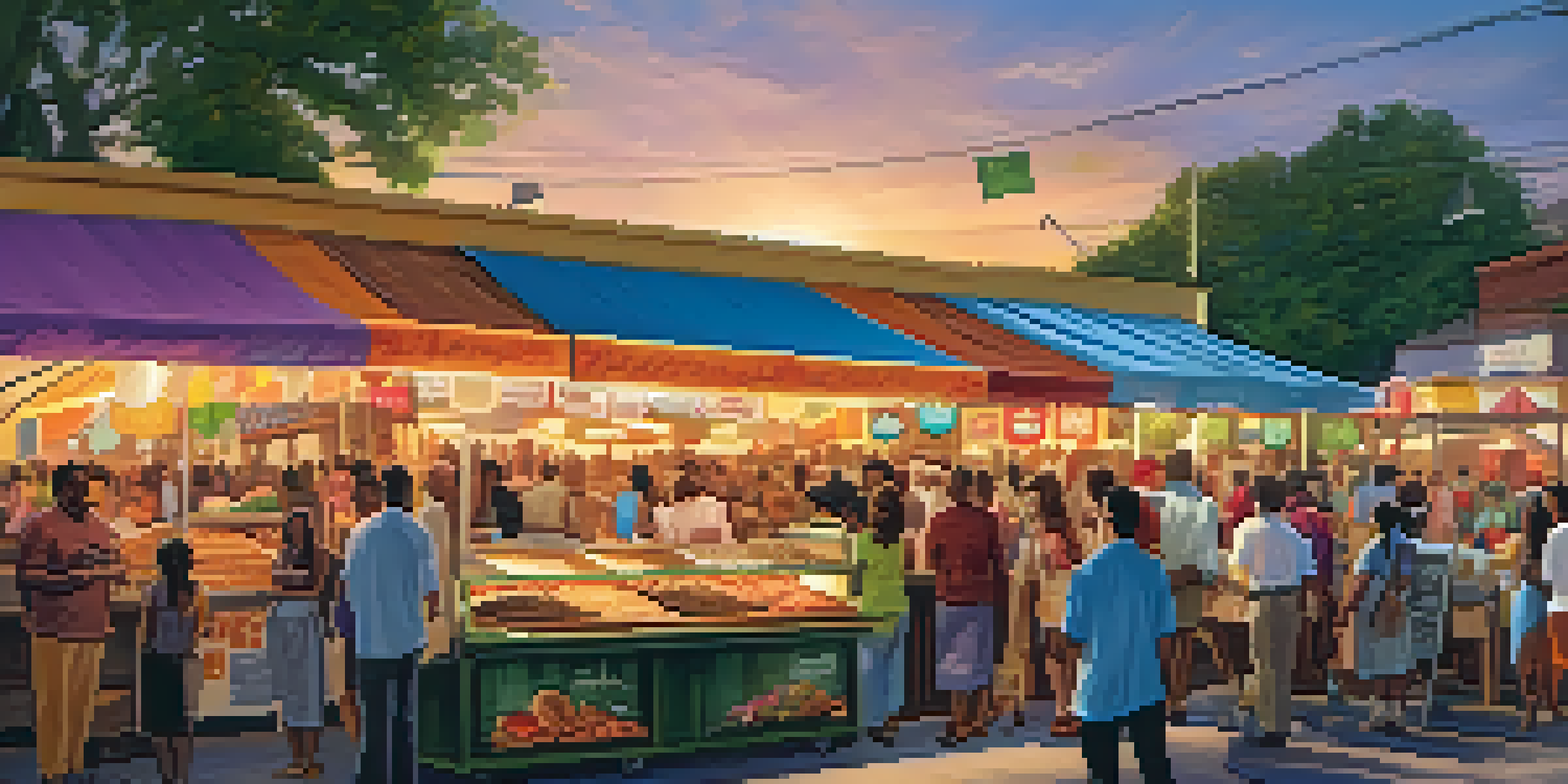 A busy food market in Orlando with various food trucks and people enjoying international cuisines in a warm sunset.