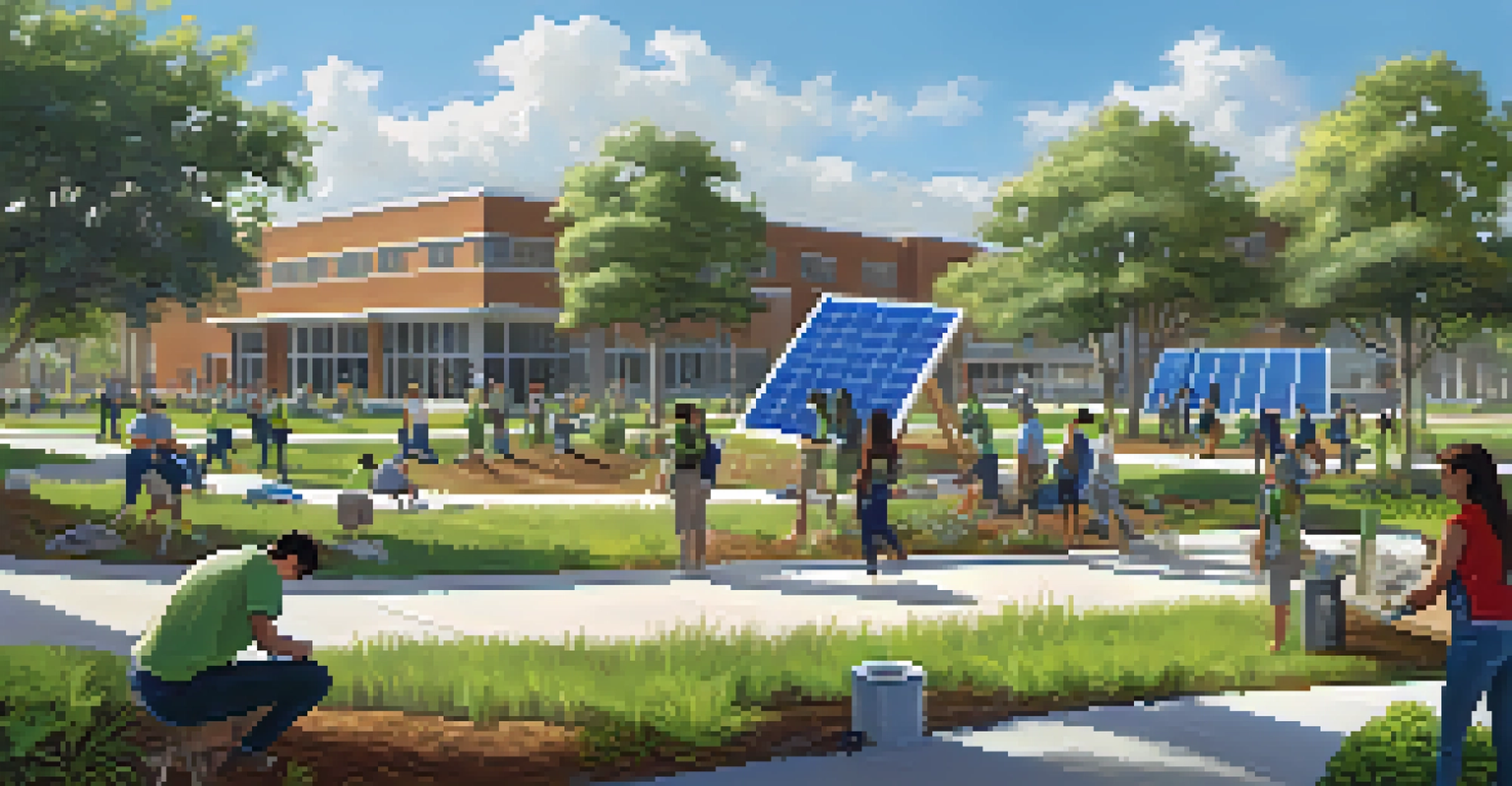 Students participate in an outdoor sustainability project at UCF, planting trees and installing solar panels on a sunny day.