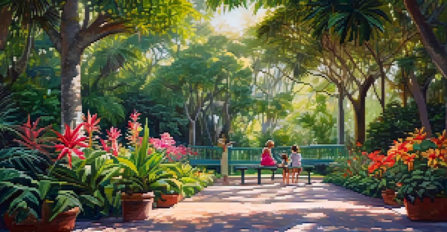 A family exploring Harry P. Leu Gardens, surrounded by colorful flowers and lush greenery.