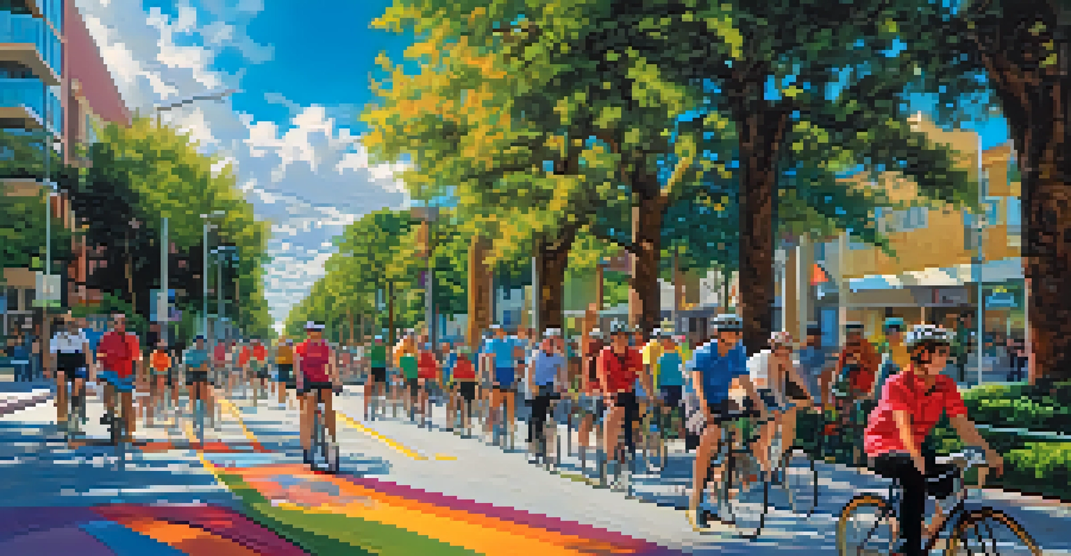 A bike lane in Orlando bustling with cyclists, trees, colorful murals, and pedestrians, all under a bright blue sky.