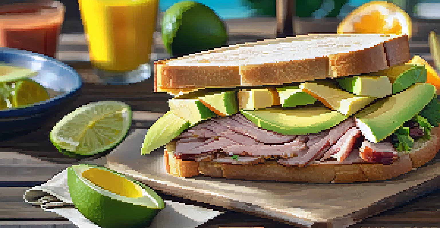 Close-up of a Cuban sandwich with marinated pork and fresh avocado on a rustic wooden table.