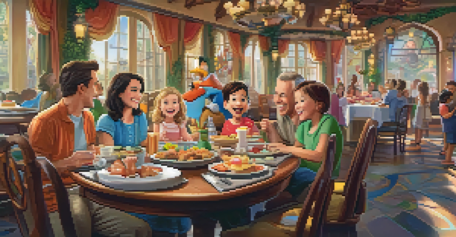 A family at a character dining restaurant with Disney characters and a table full of delicious food.