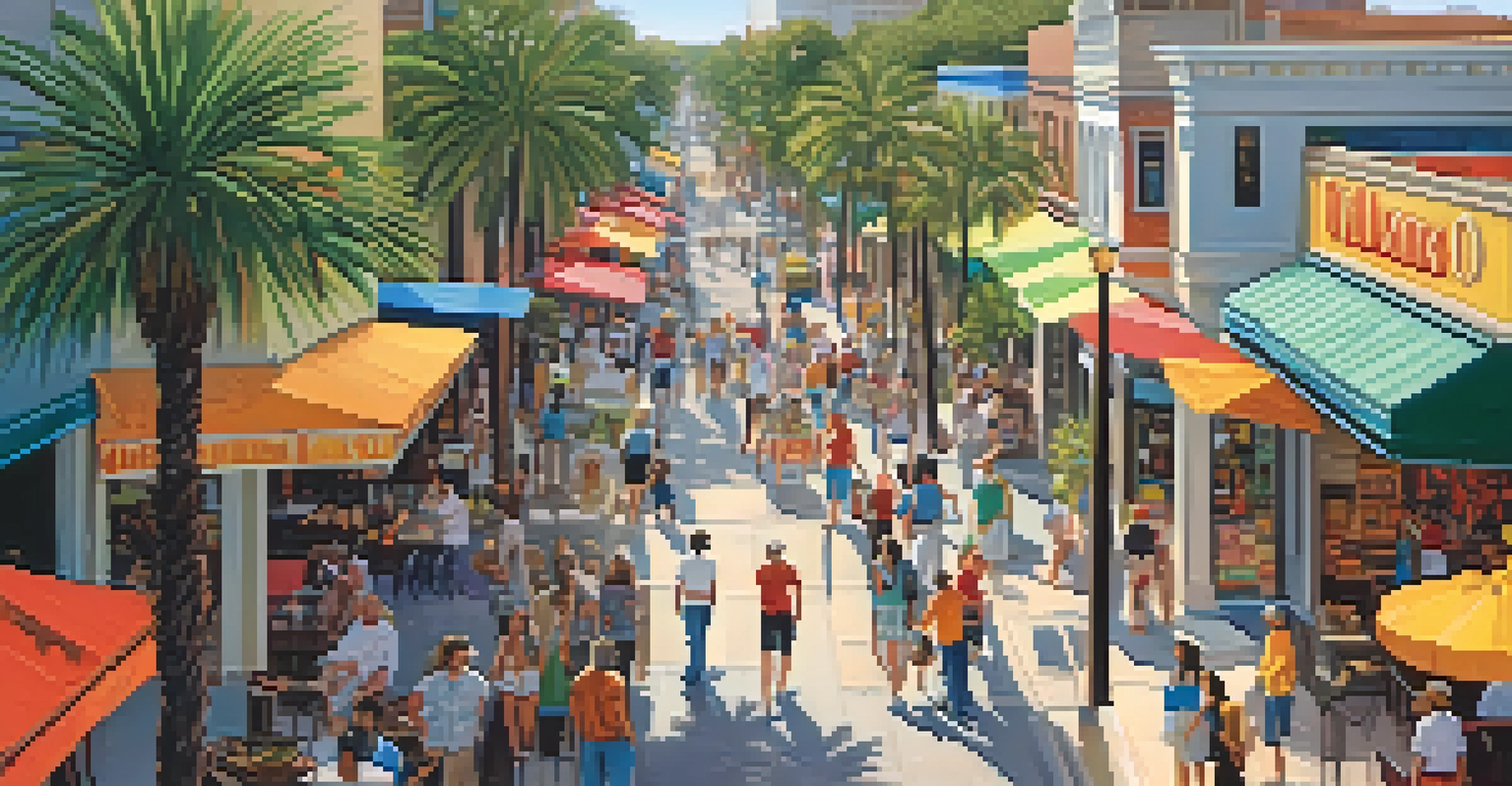 An aerial perspective of a lively Orlando street bustling with visitors enjoying shops and restaurants, surrounded by palm trees.