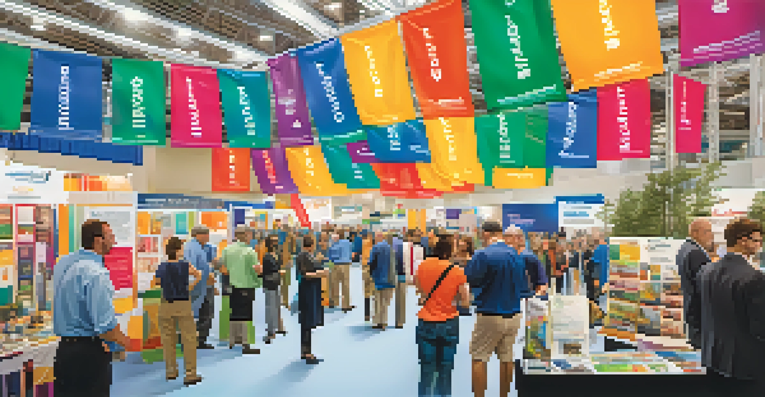 A busy trade show in Orlando with colorful booths and professionals networking.