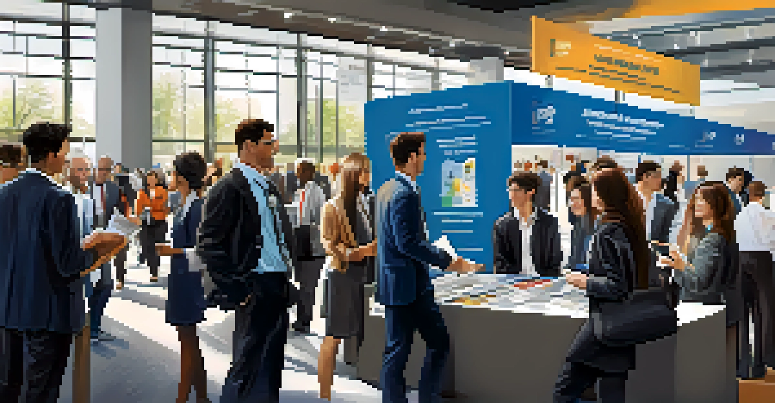 Students at a career fair interacting with industry representatives, surrounded by banners and booths.