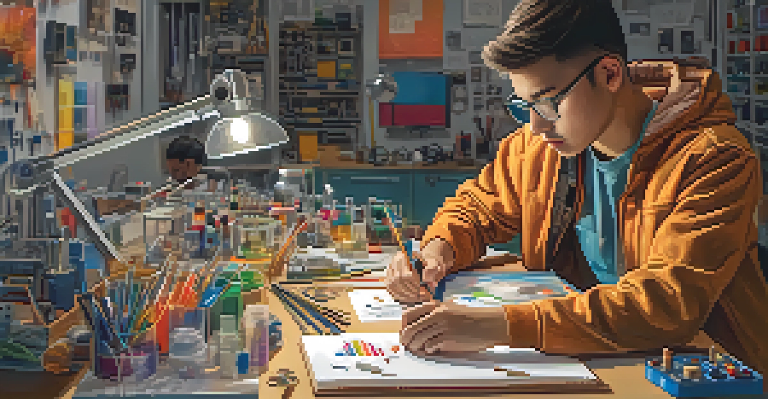 Close-up of a student assembling a prototype in a makerspace filled with tools and creative projects.