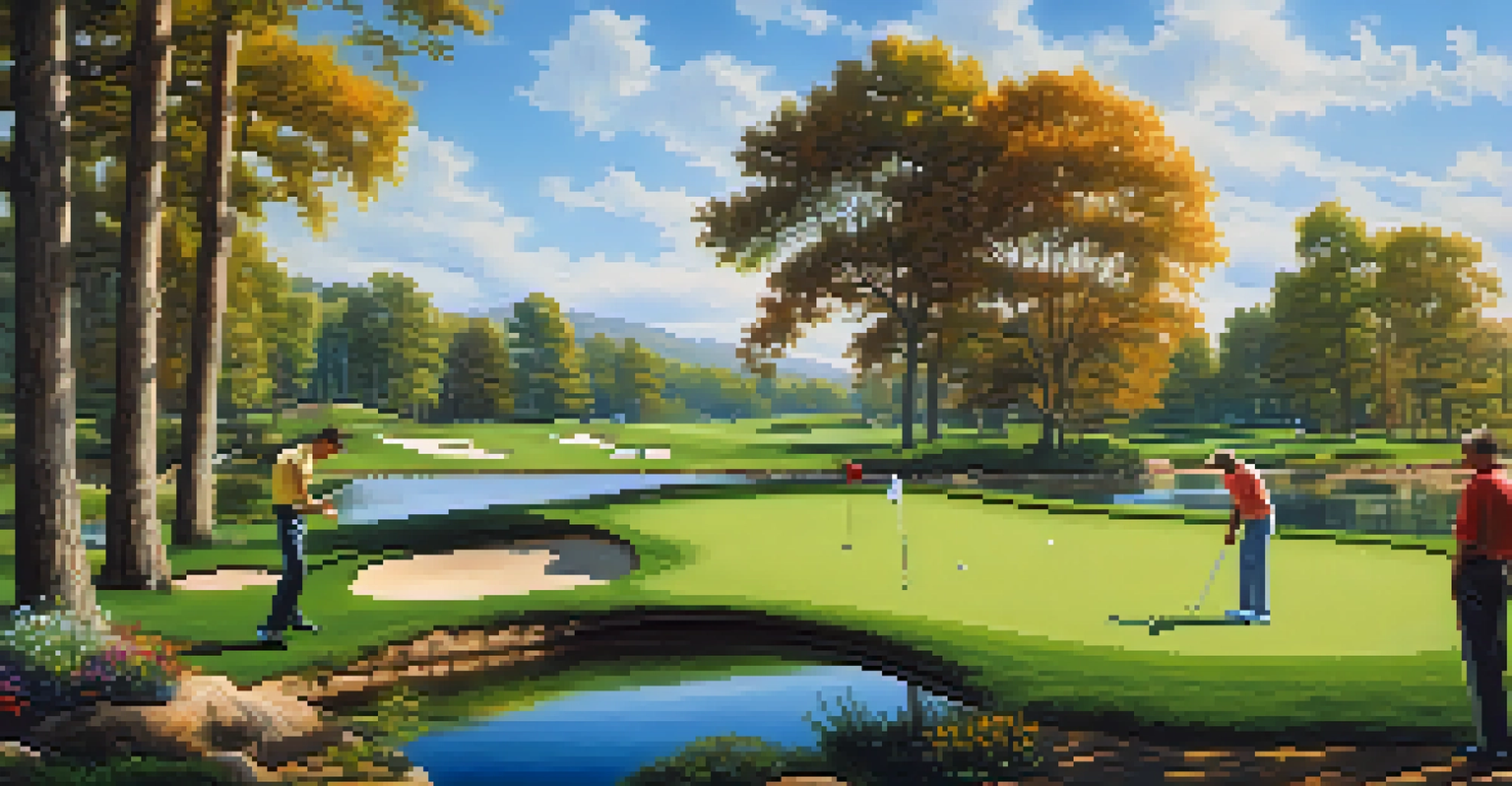 A group of beginner golfers enjoying a game on a colorful par-3 golf course, with trees and a pond in the background.