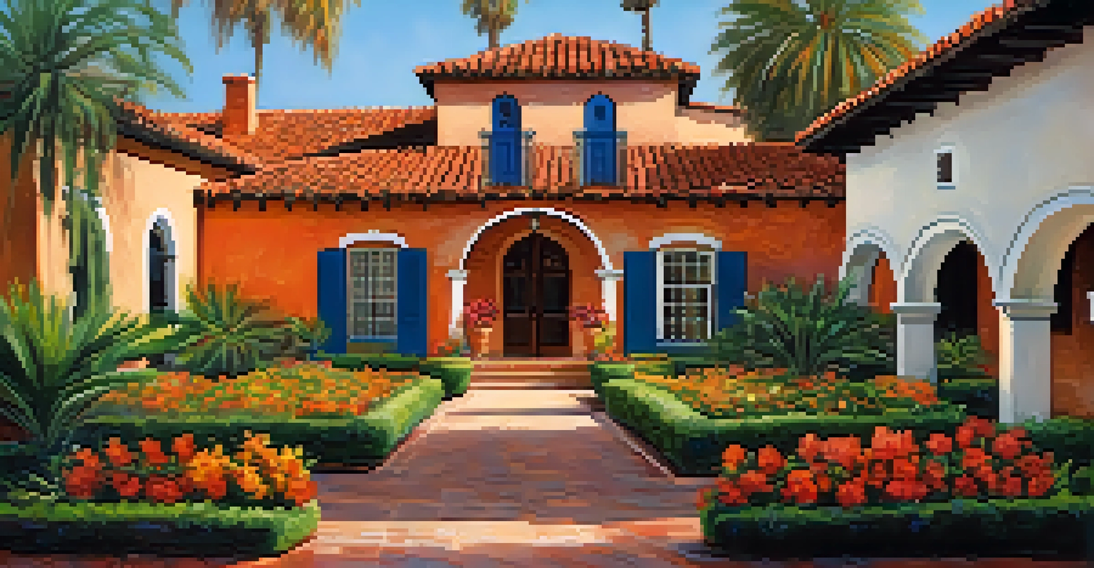 Casa Feliz Historic Home Museum with Spanish Mission architecture, surrounded by colorful gardens and visitors under a blue sky.