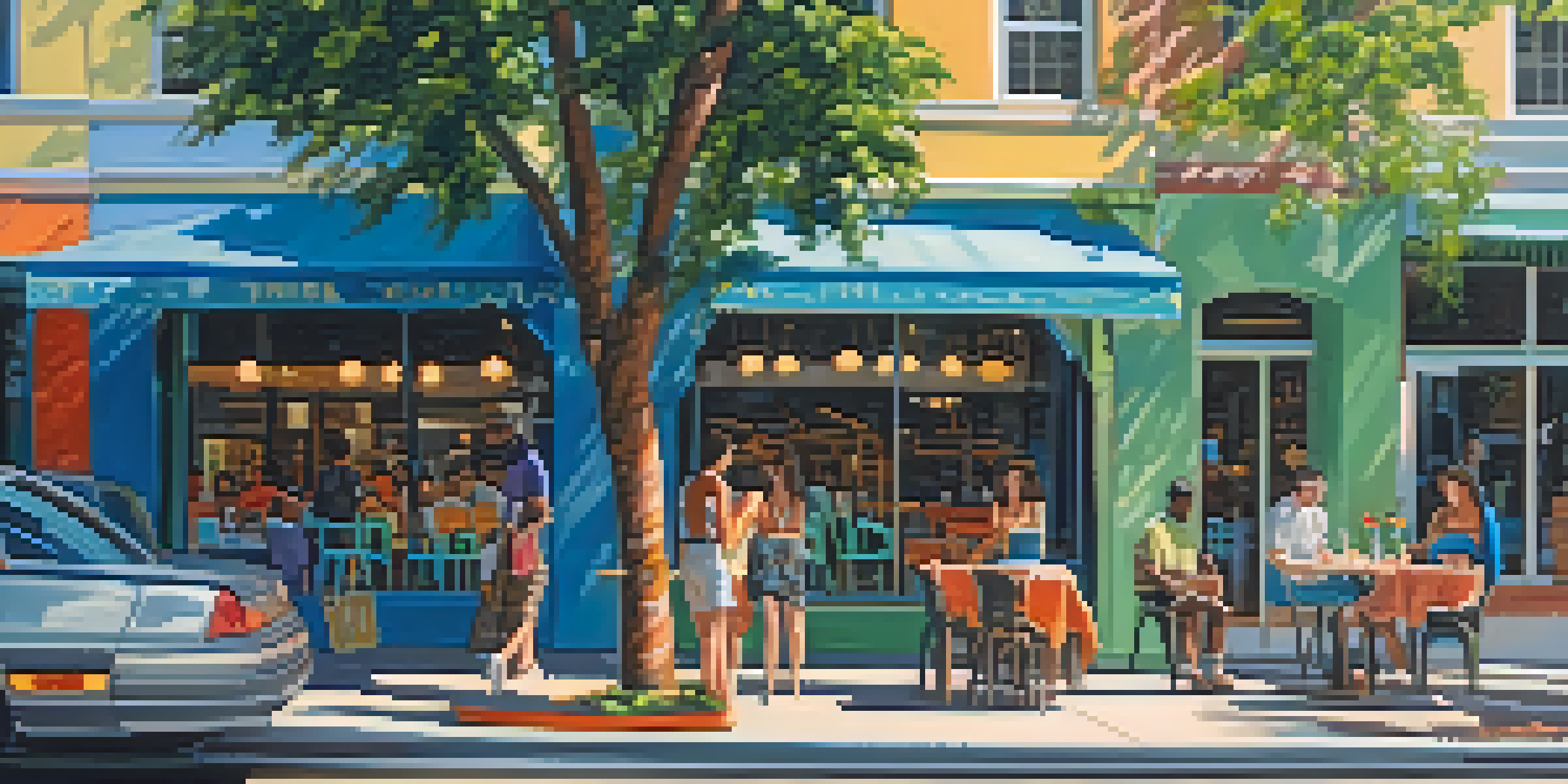 A busy street in Orlando filled with people walking, colorful shops, and cafes under warm sunlight and greenery.