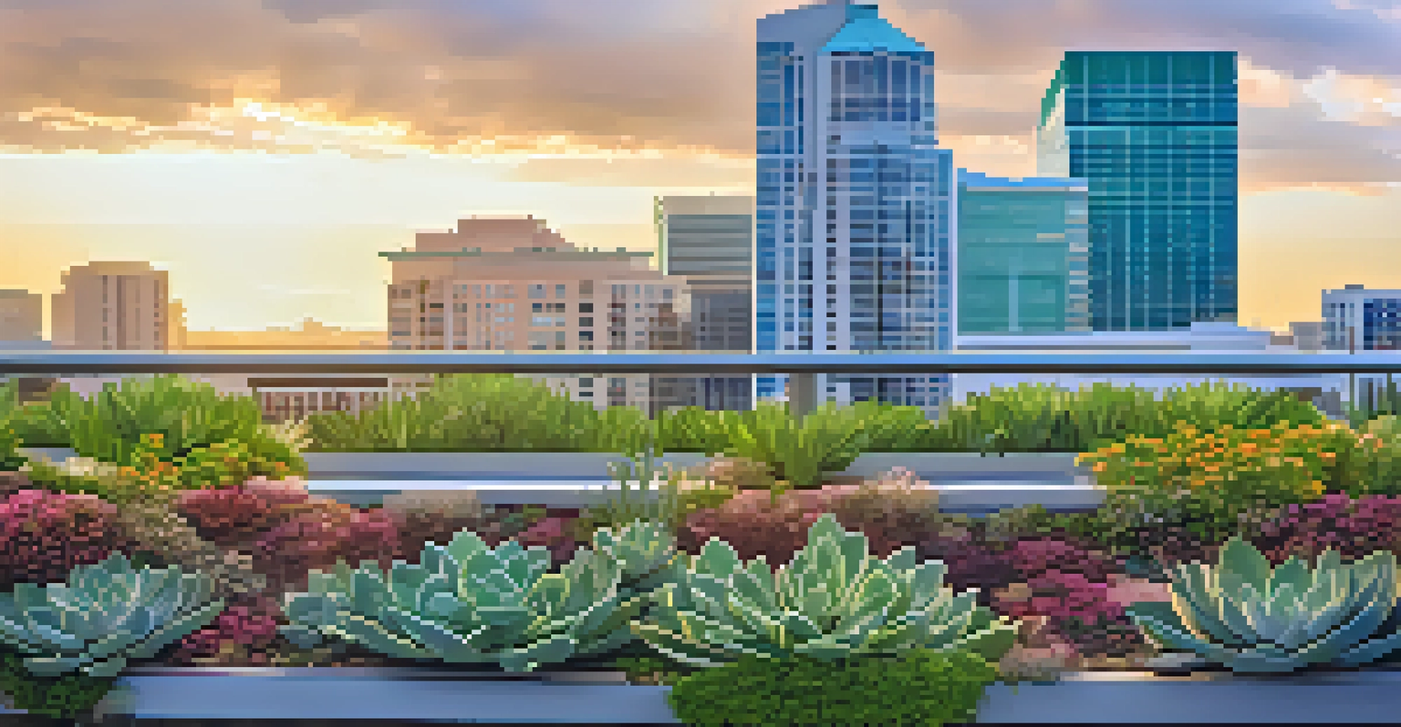 A green roof adorned with various plants on a modern building, with the Orlando skyline visible in the background under soft sunlight.