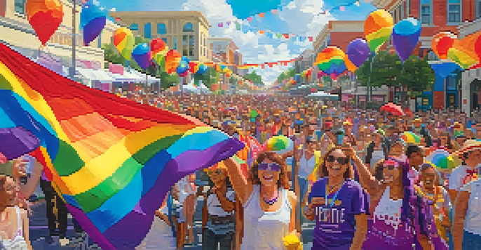 A colorful parade scene from the Orlando Pride Festival, featuring diverse participants in bright costumes and rainbow flags.