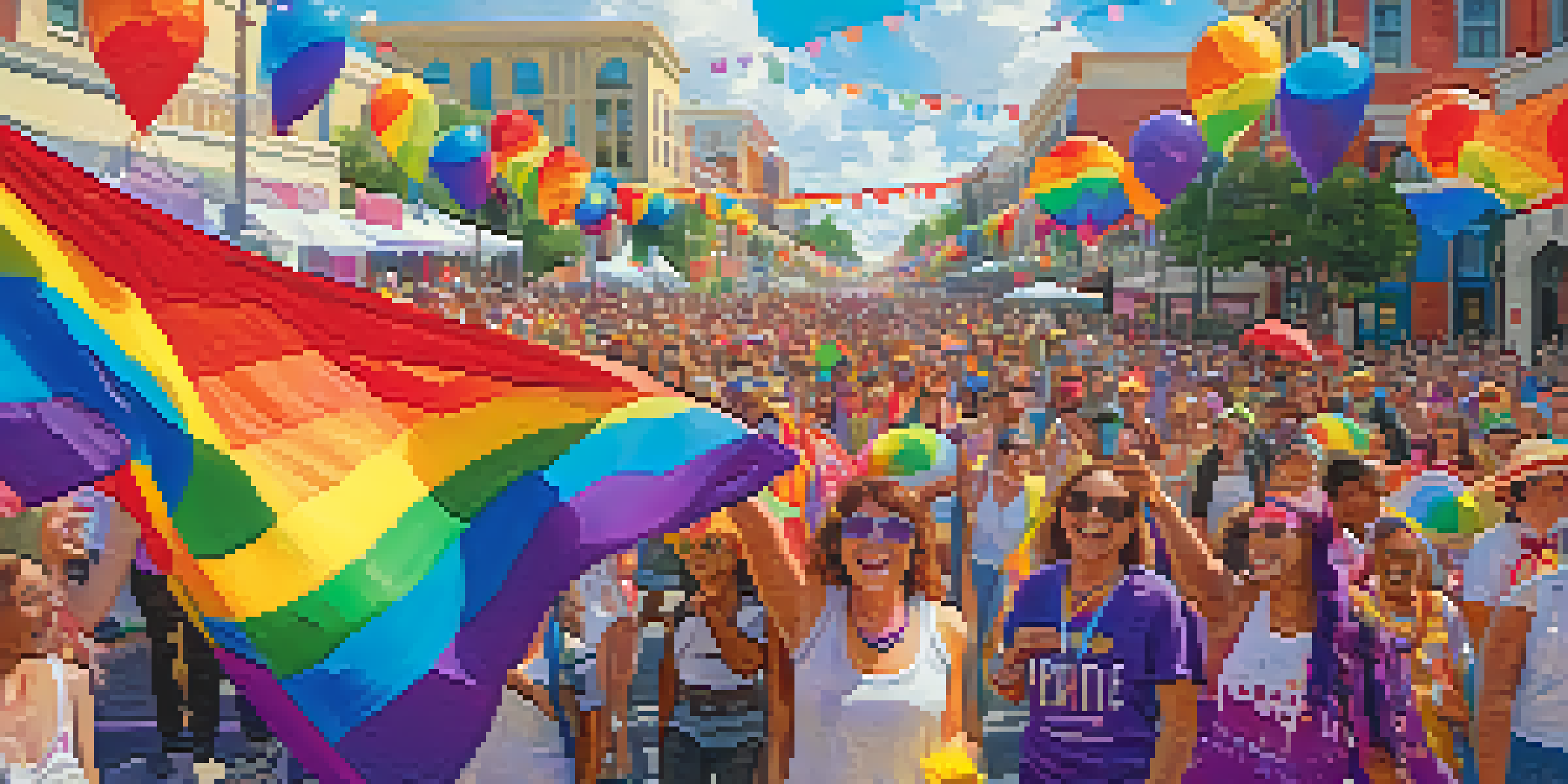A colorful parade scene from the Orlando Pride Festival, featuring diverse participants in bright costumes and rainbow flags.