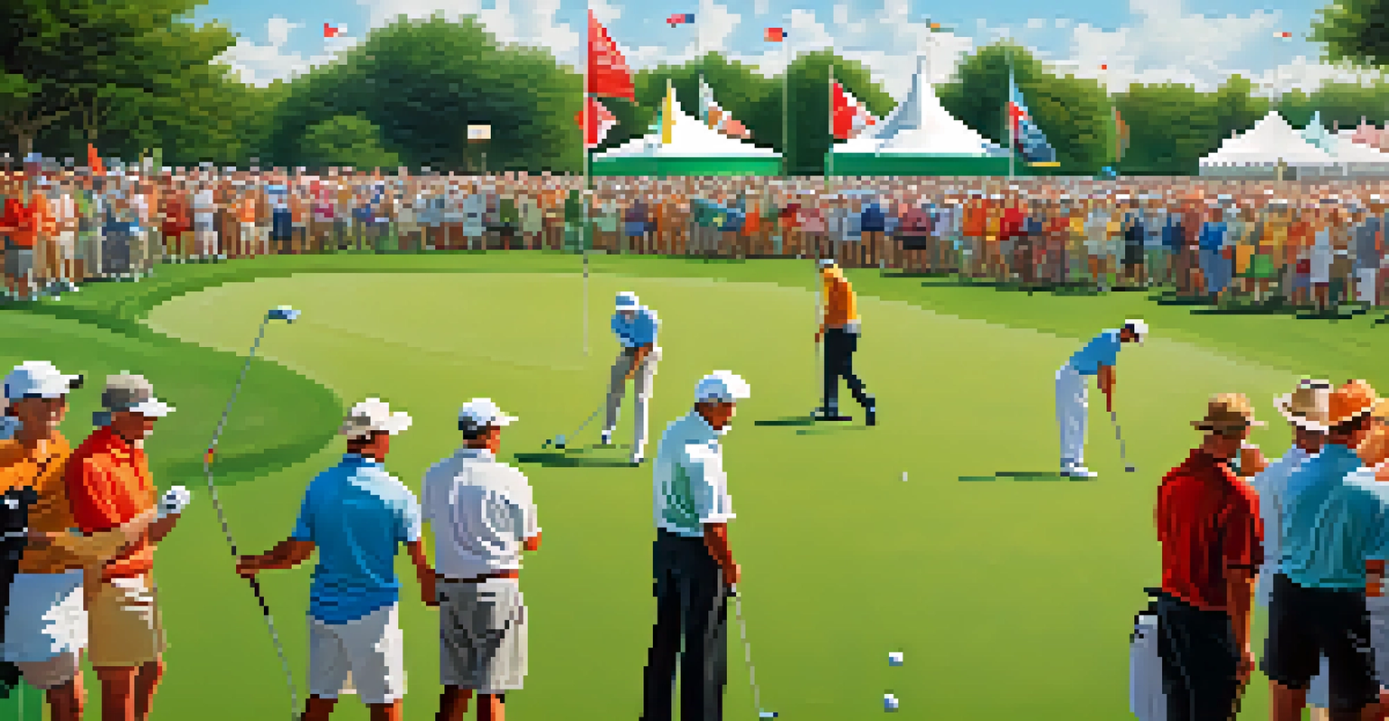 A vibrant golf tournament with players competing on a scenic course, surrounded by cheering spectators and colorful banners.