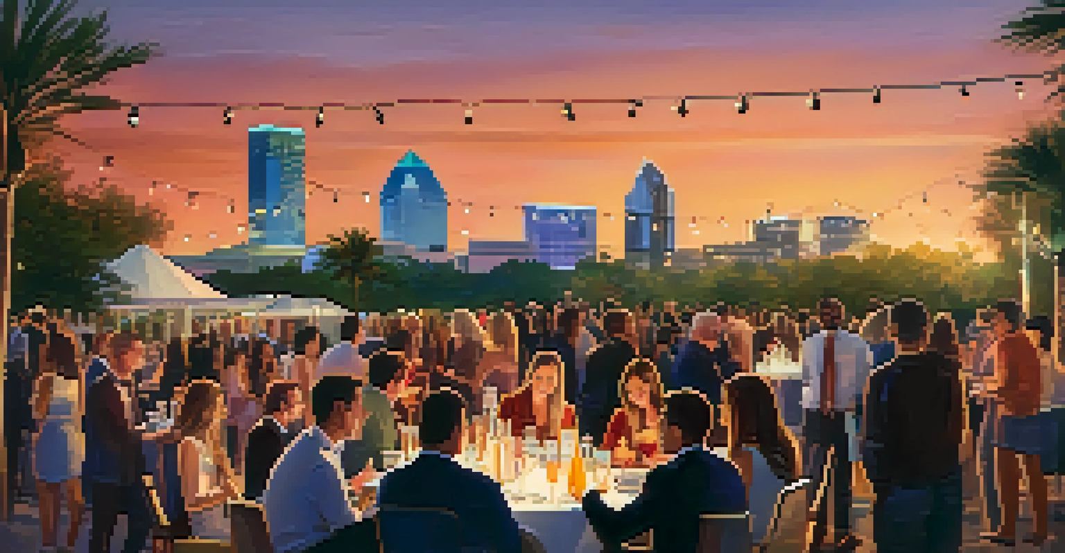 Attendees networking outdoors at sunset with the Orlando skyline in the background.