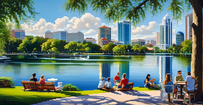 A peaceful scene at Lake Eola Park, featuring a lake, families picnicking, and swan boats with the Orlando skyline in the background.