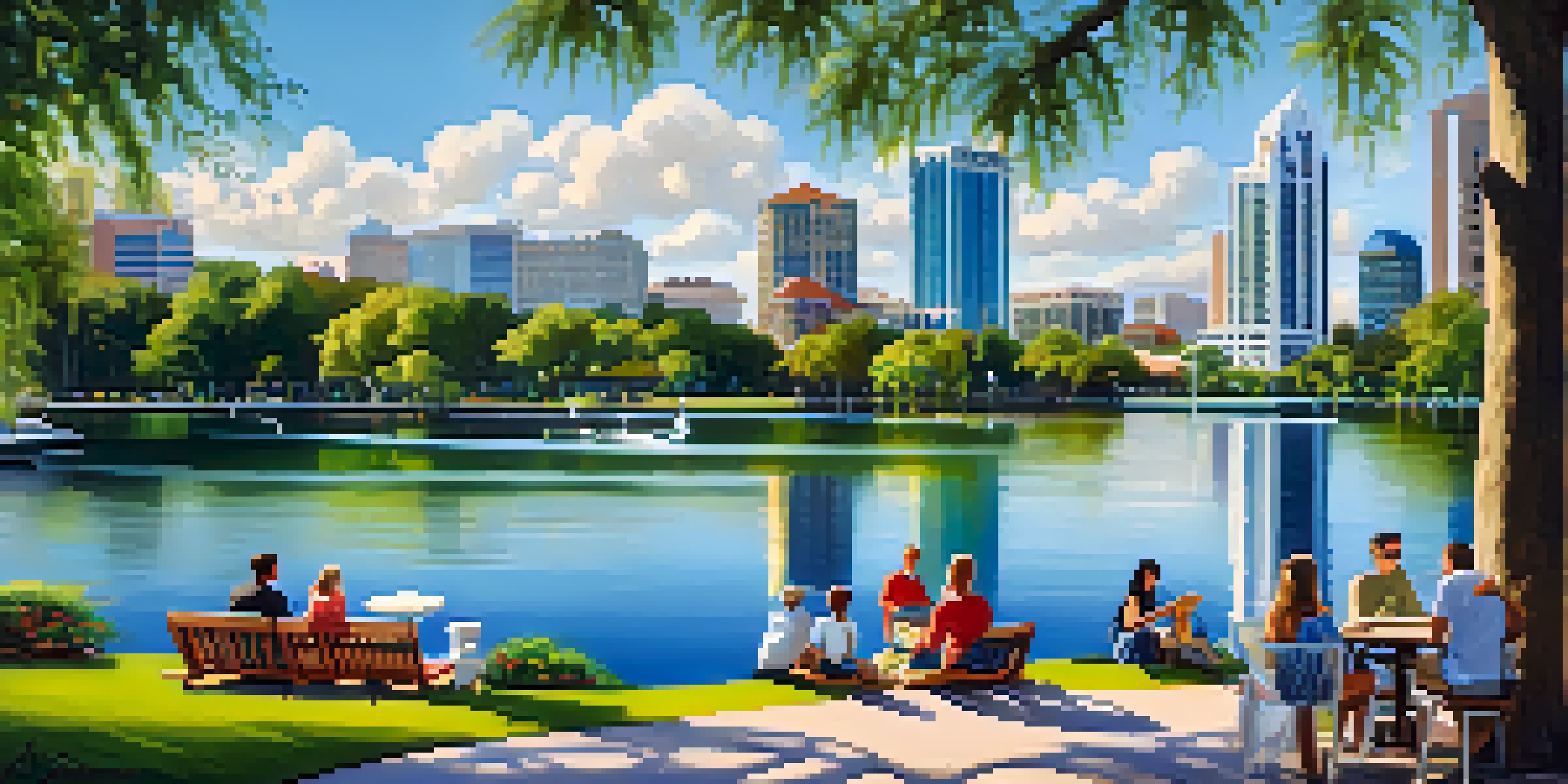 A peaceful scene at Lake Eola Park, featuring a lake, families picnicking, and swan boats with the Orlando skyline in the background.