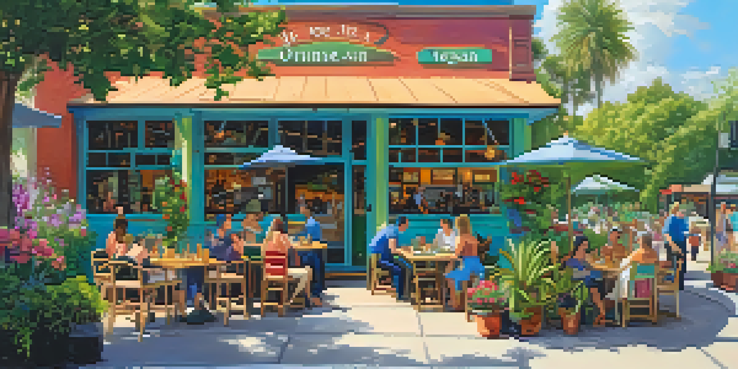 An outdoor vegan restaurant in Orlando with colorful plant-based dishes, diners, and lush greenery.