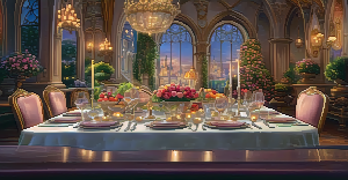 An elegant dining table in Cinderella's Royal Table, surrounded by fairy tale decor and soft lighting, with a view of Cinderella Castle.