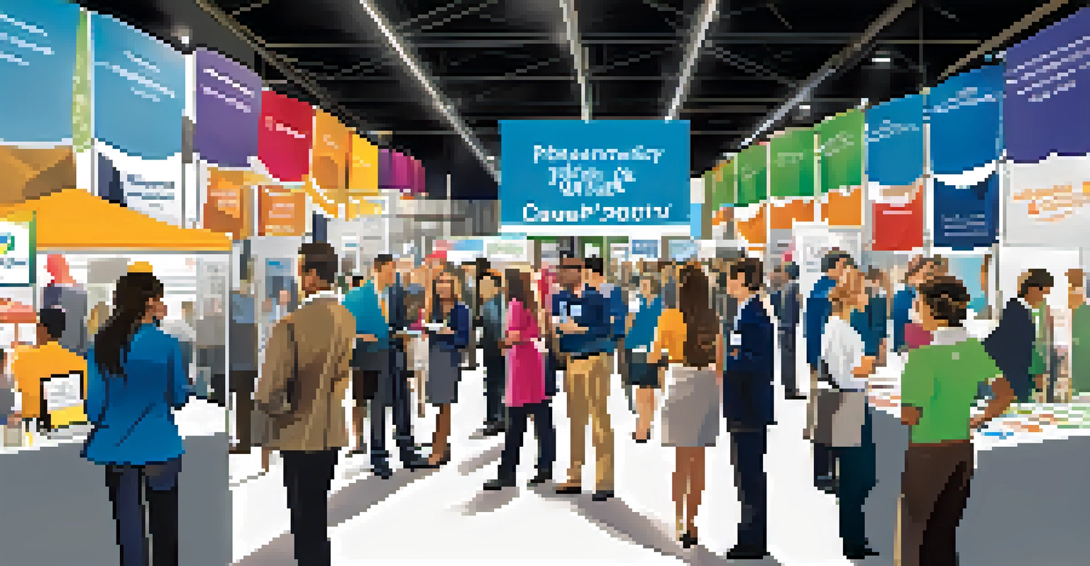 Students networking at a vibrant career fair with booths from local businesses, engaging in conversations and exchanging resumes.