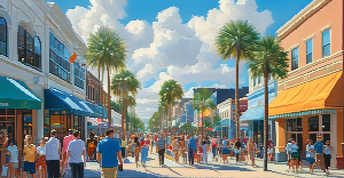 A lively Orlando street filled with diverse people enjoying the sunny weather, with palm trees and colorful storefronts in the background.