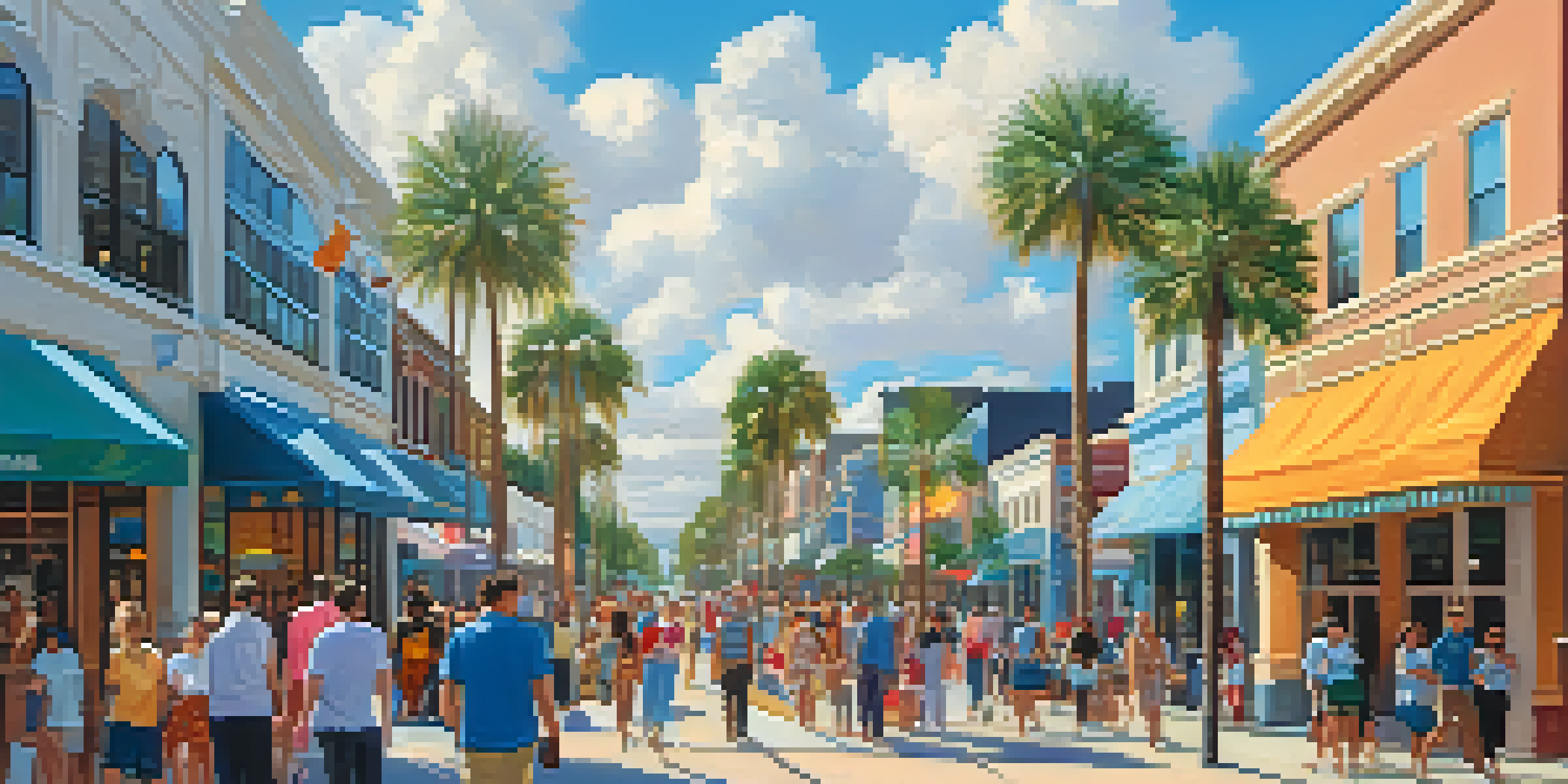 A lively Orlando street filled with diverse people enjoying the sunny weather, with palm trees and colorful storefronts in the background.