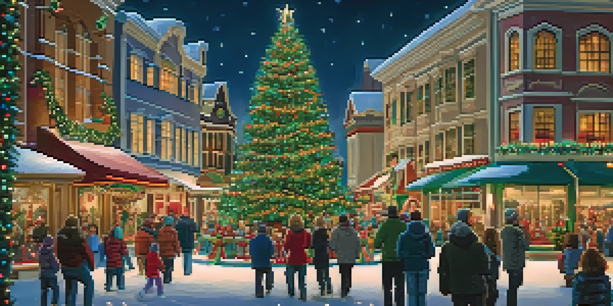 A festive winter scene at Universal Studios with a large Christmas tree decorated with colorful lights, families enjoying holiday treats, and a twinkling light display.