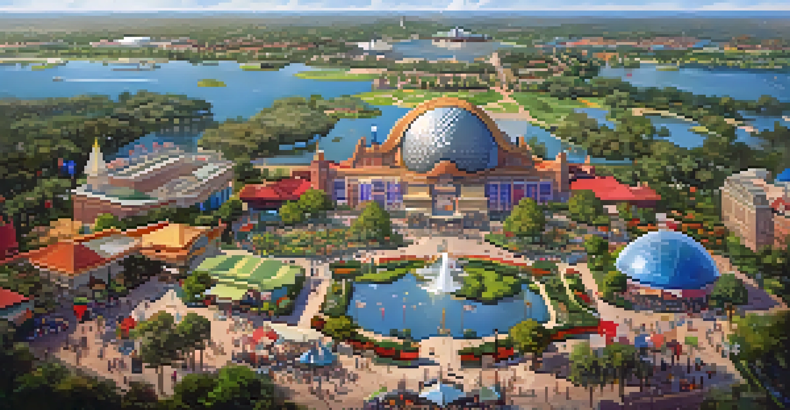 An aerial view of EPCOT’s World Showcase featuring cultural landmarks and gardens.