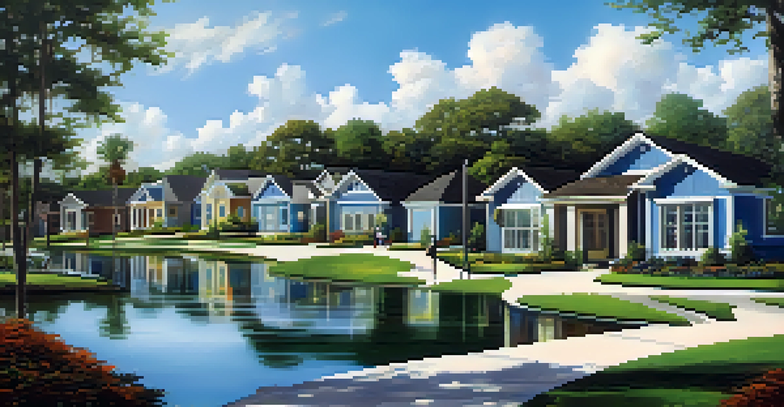 A vibrant neighborhood in Lake Nona featuring modern homes and green parks with families engaging in outdoor activities.