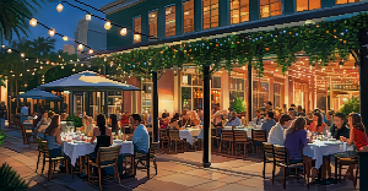 A trendy outdoor dining area in Orlando with colorful tablecloths, patrons enjoying meals under string lights at dusk, surrounded by lush greenery.