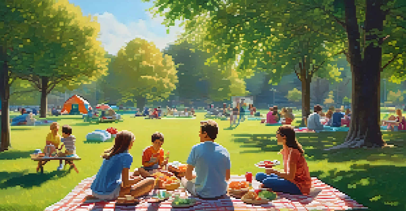 An outdoor picnic setup with snacks on a blanket in a sunny park and a family playing frisbee.