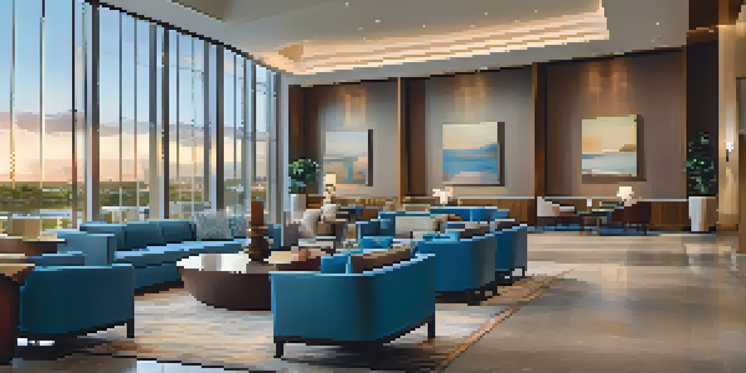 A welcoming hotel lobby with modern furniture and guests networking, with a view of the Orlando skyline through the large windows.