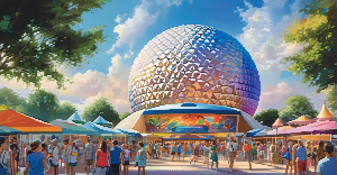 A lively festival scene with families participating in art workshops and enjoying performances, under a clear blue sky.