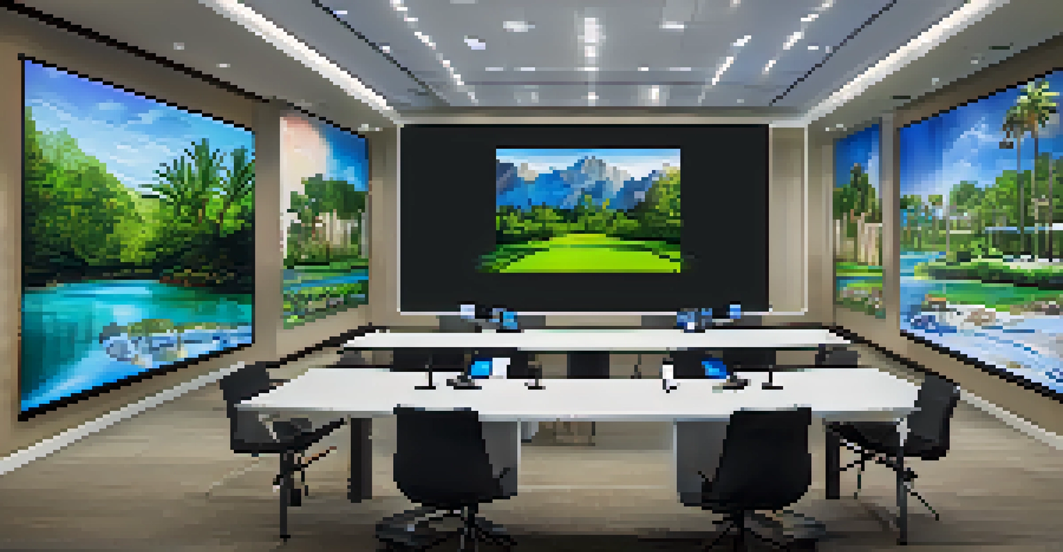 A modern conference room set up for a tech expo with high-tech gadgets and plenty of natural light.