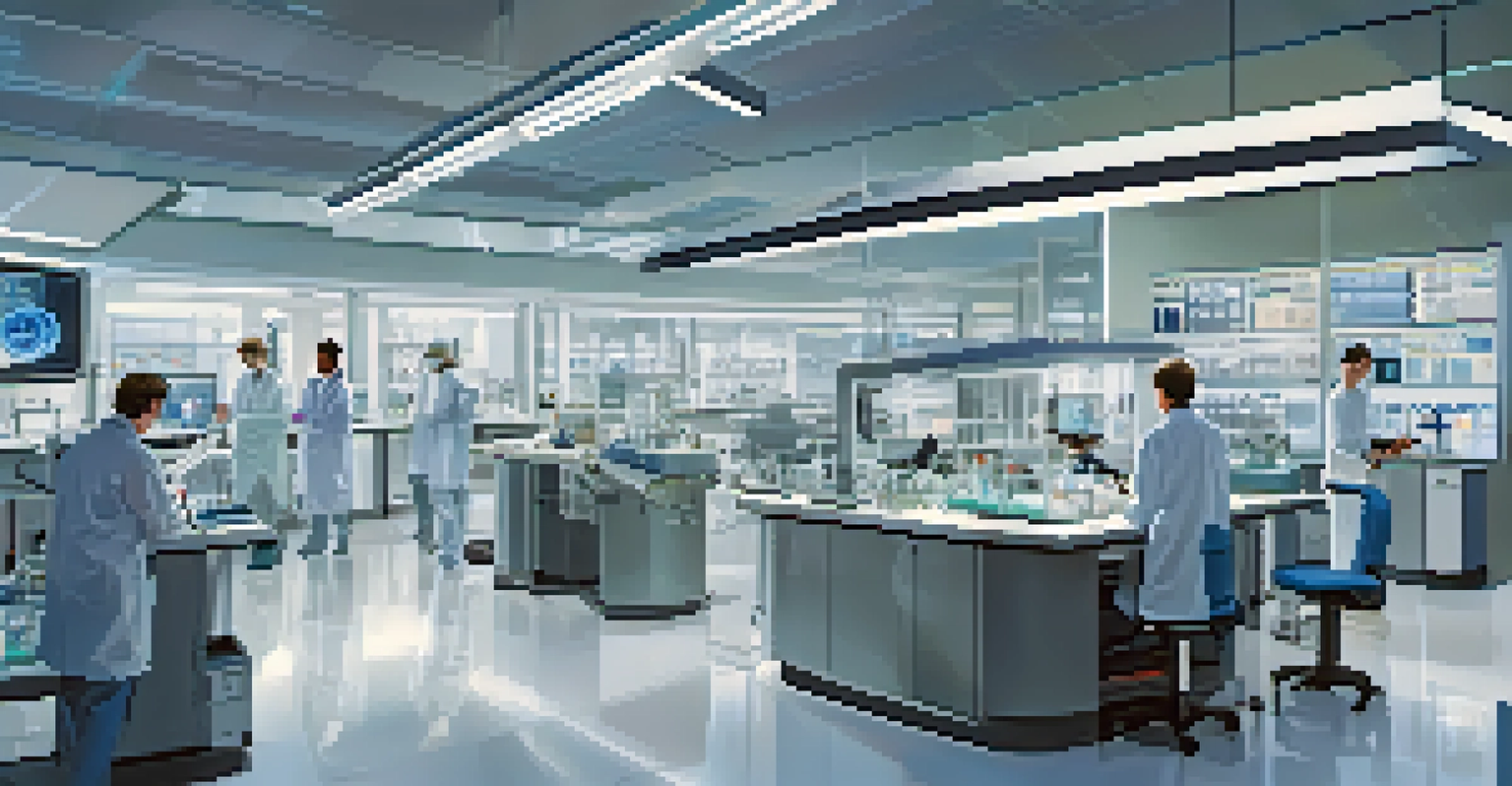 A modern research laboratory with diverse scientists working on innovative projects.