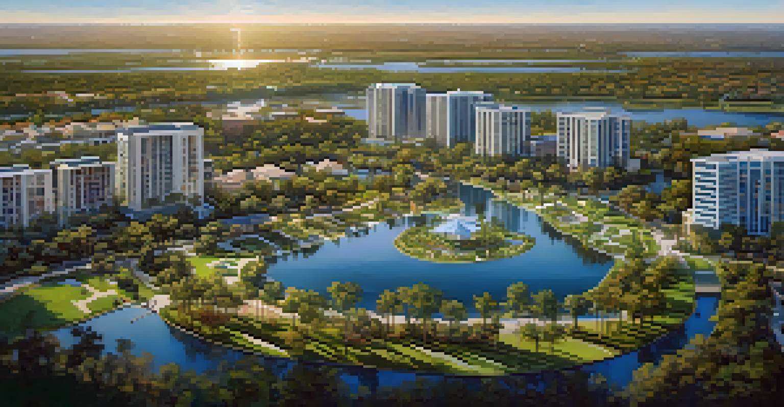 Aerial view of Lake Nona, featuring green spaces, modern homes, and a shimmering lake.