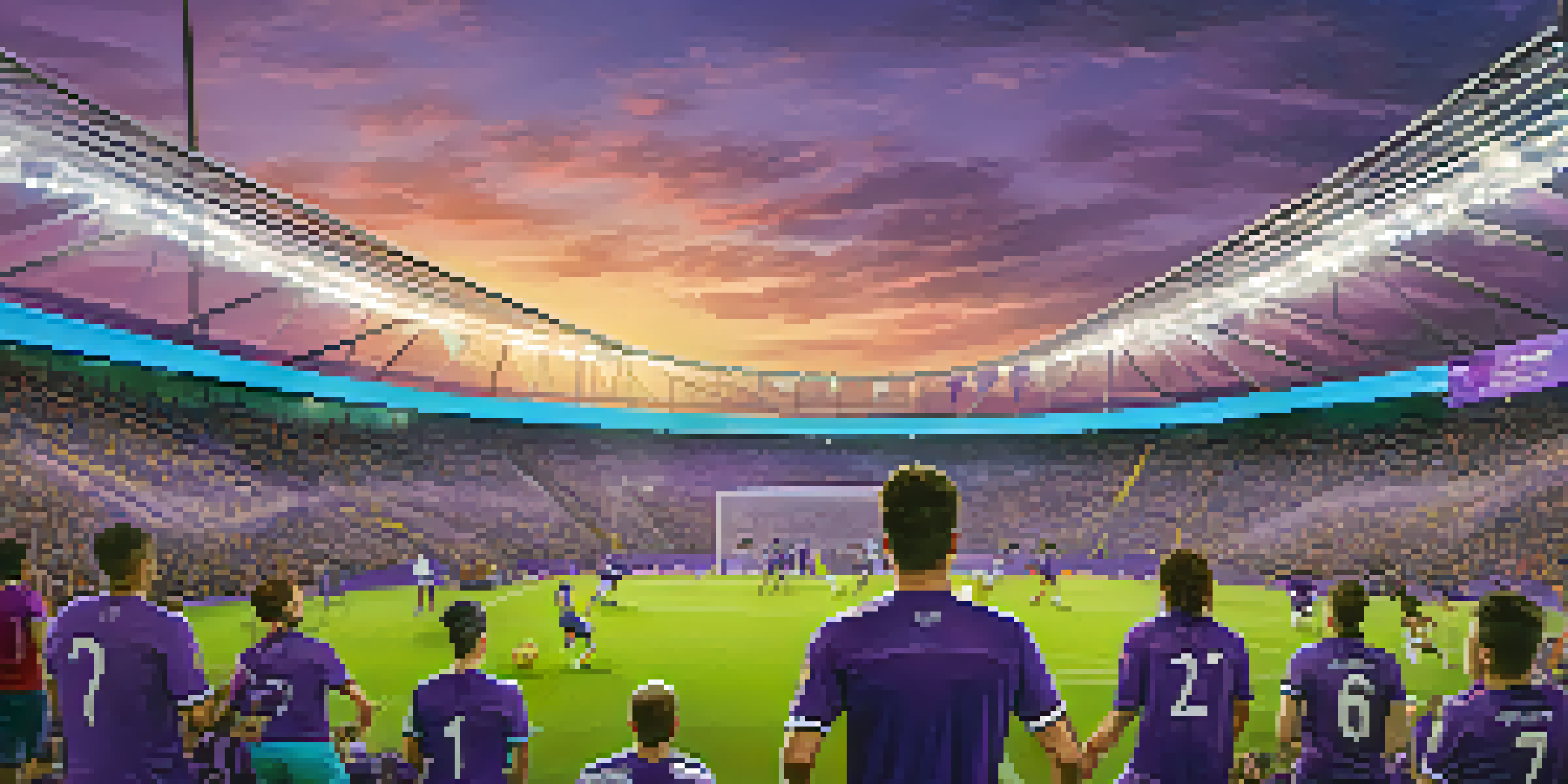 A lively soccer match at Exploria Stadium with fans in purple, illuminated by stadium lights, and players in action on the field.