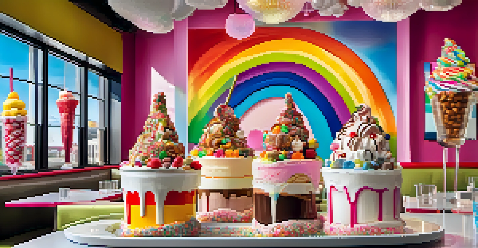 A table filled with extravagant desserts at The Sugar Factory, including a towering sundae and a colorful milkshake.