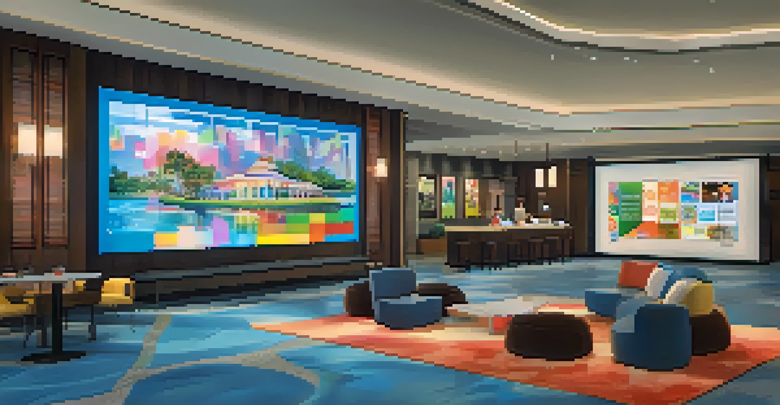 Guests in a hotel lobby interacting with augmented reality displays and QR codes, surrounded by modern art and colorful graphics.