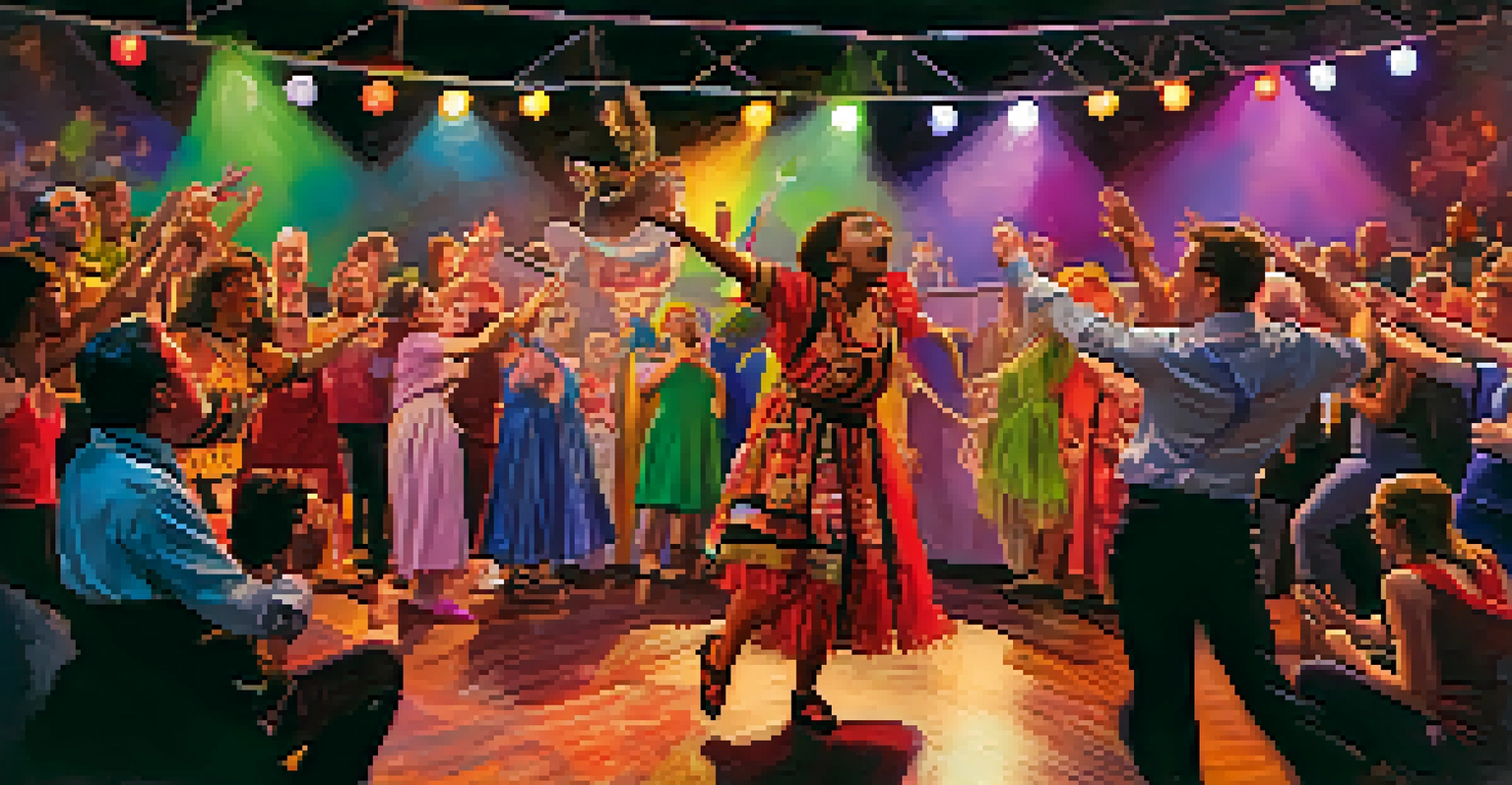 A performance scene from the Orlando International Fringe Theatre Festival, with diverse artists on stage in colorful costumes.