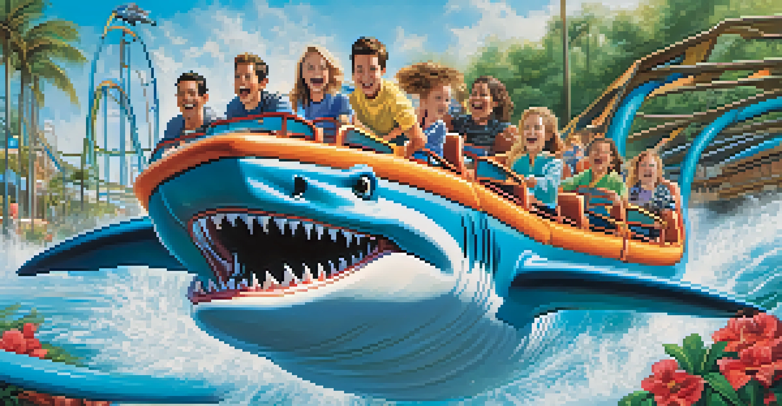 Riders enjoying a shark-themed roller coaster at SeaWorld, surrounded by ocean-themed decorations.