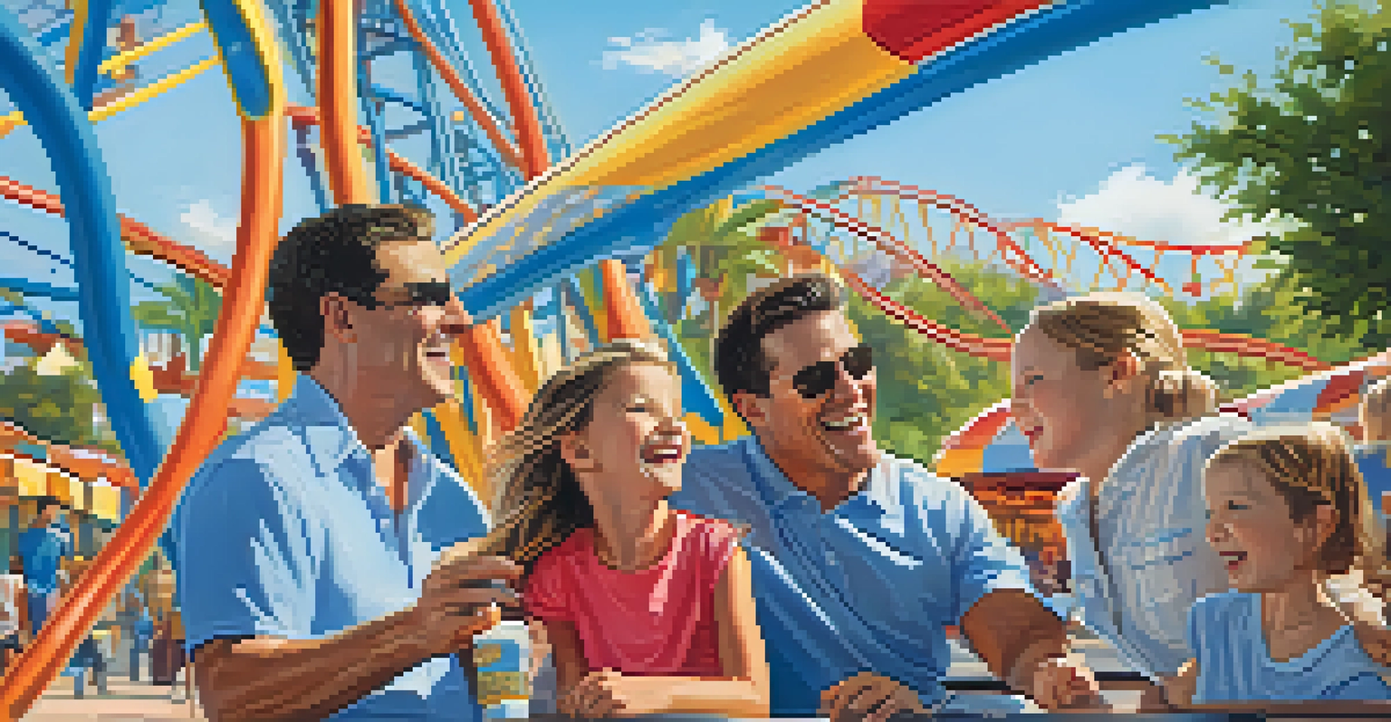 A family at a theme park in Orlando with roller coasters and water rides in the background under a sunny sky.
