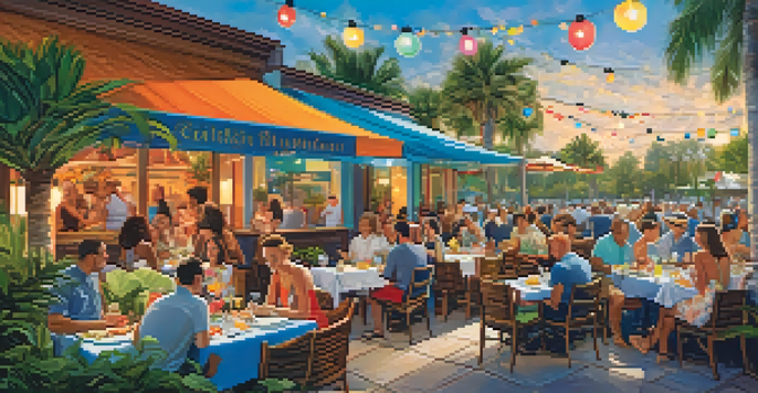 Outdoor dining scene with fresh seafood and tropical cocktails under a bright blue sky in Orlando.