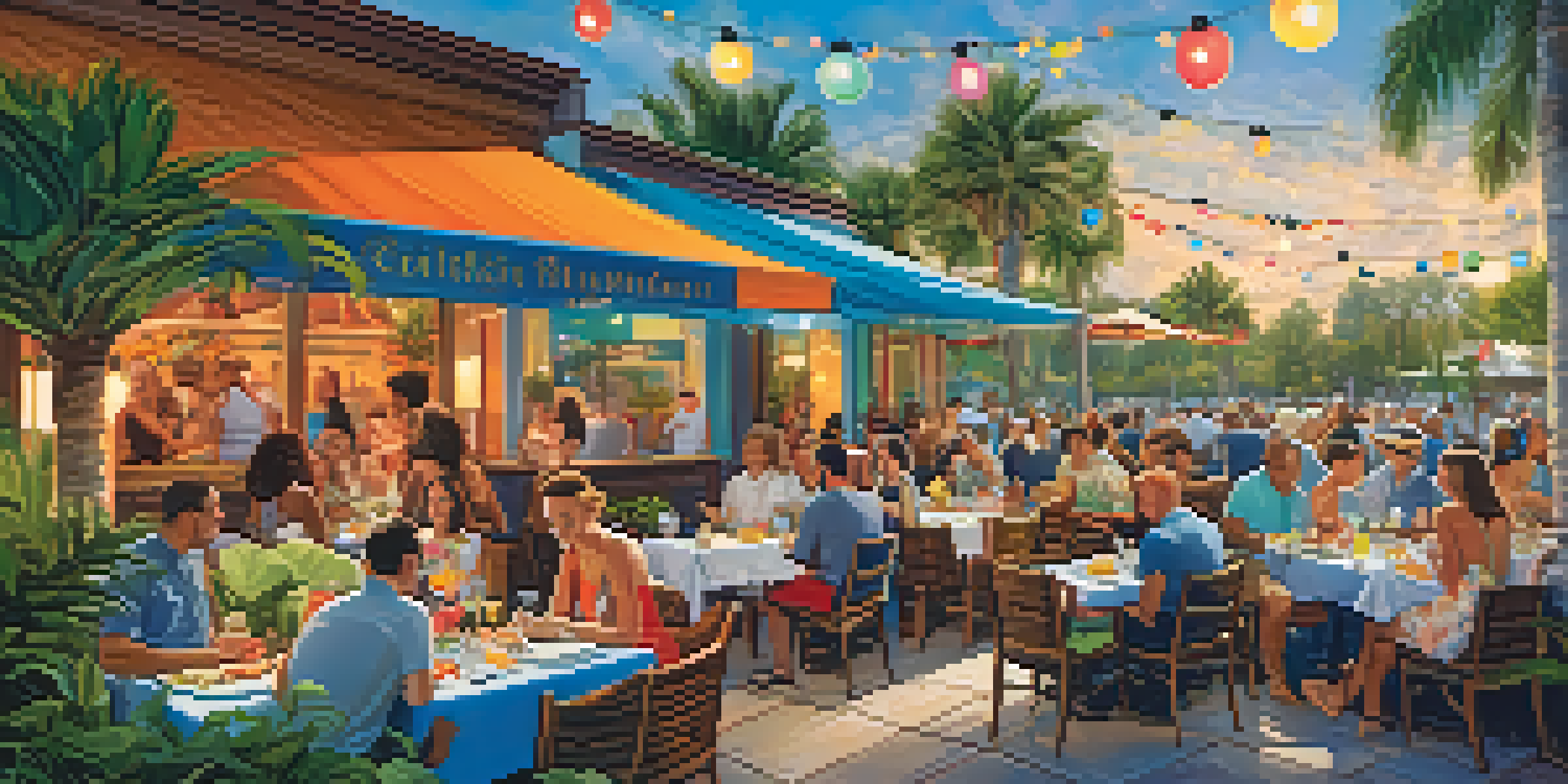 Outdoor dining scene with fresh seafood and tropical cocktails under a bright blue sky in Orlando.